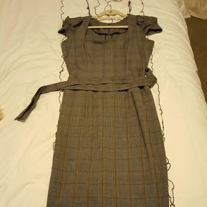 Grey Plaid Fitted Midi Dress with Cap Sleeves
